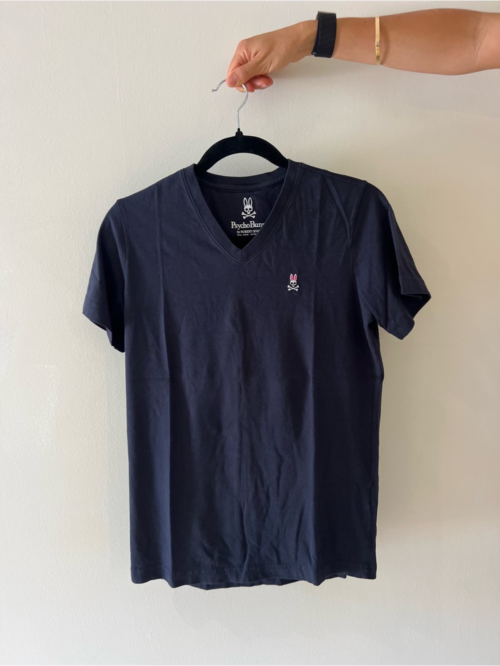 Psycho Bunny Black V-Neck Tee with Pink Bunny Logo